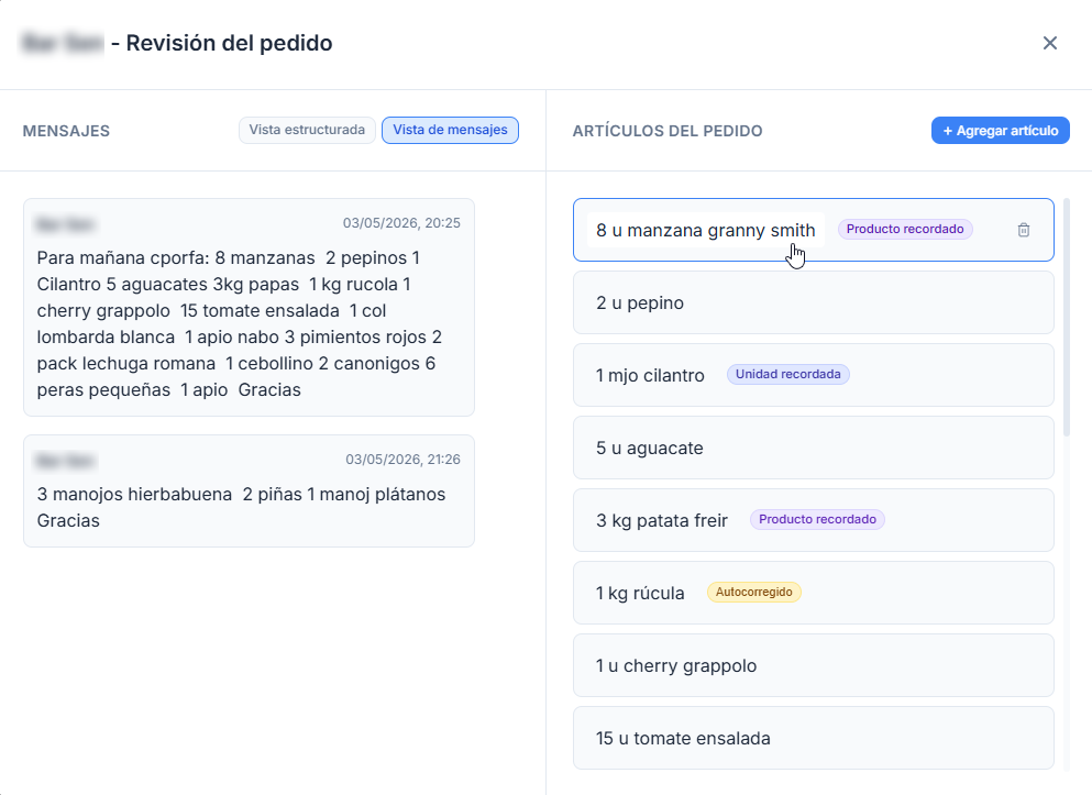 AutoPedidos order picking screen showing original WhatsApp messages, prepared order lines, and badges for product and unit preferences.