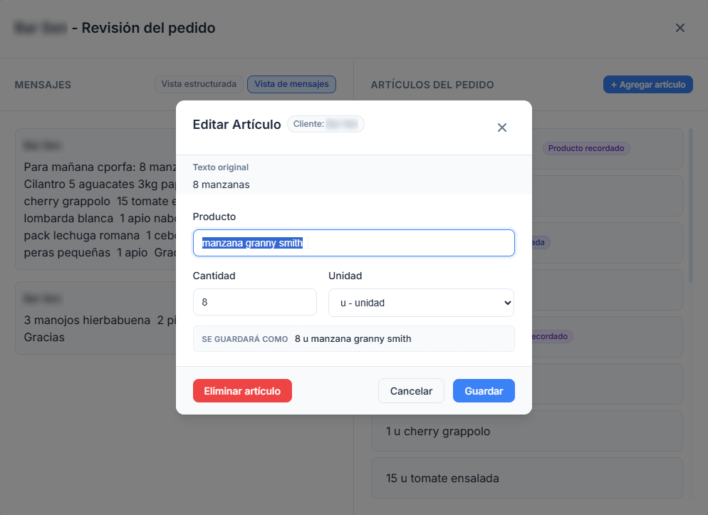 AutoPedidos edit dialog showing the original WhatsApp message beside editable product, quantity, and unit fields.