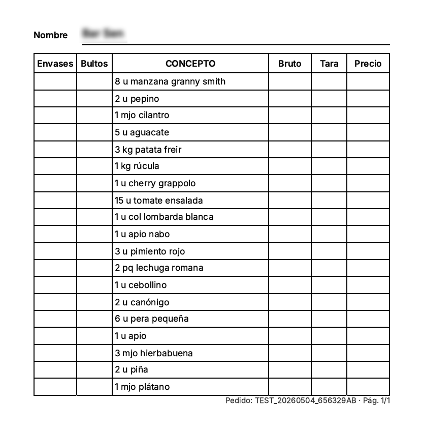 AutoPedidos printable picking list with product, quantity, unit, and packaging columns.